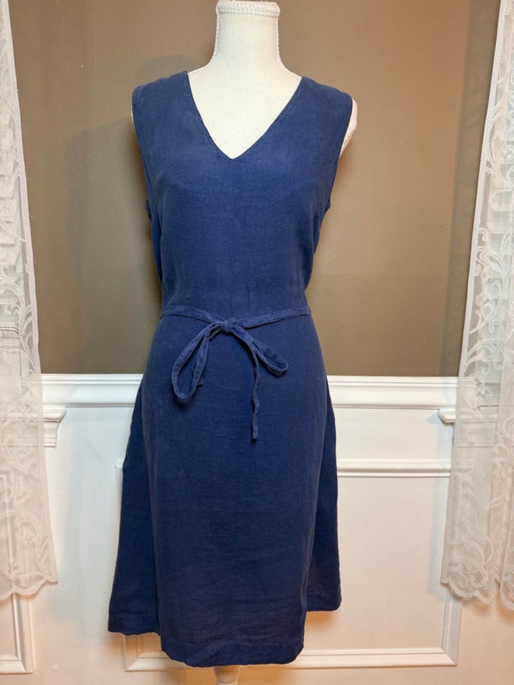 Armor Lux 100% Linen Navy Midi Dress Tie Waist NWT Sz 38 M